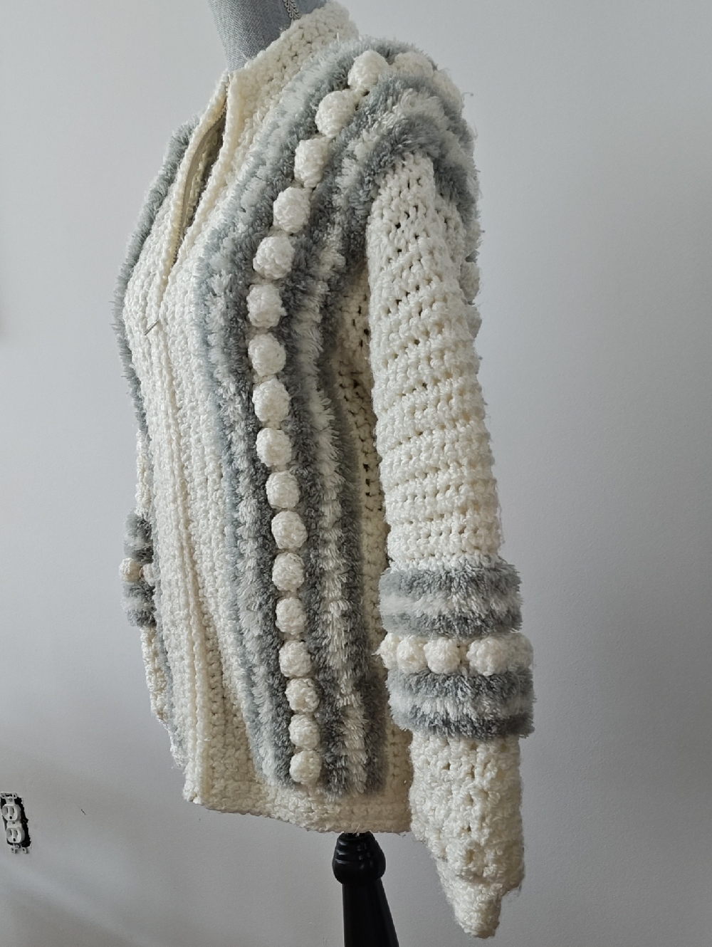 Vintage Puff Pom Pom Chunky Knit Zip Up Sweater Cream Grey Small - Picture 2 of 7